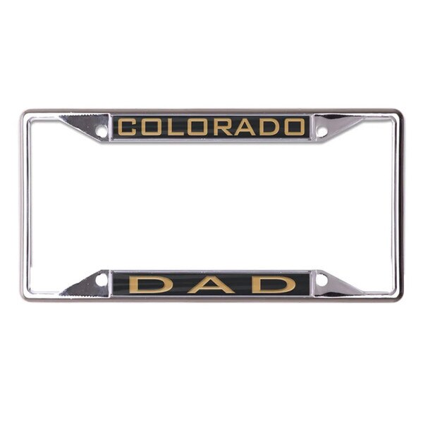 Chrome license plate frame with black inserts displaying “COLORADO” on top and “DAD” on bottom in gold lettering.